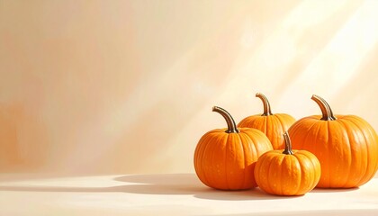 Warm autumn sunlight highlights a cluster of vibrant orange pumpkins, casting soft shadows on a neutral surface.