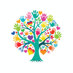 Fototapeta premium vector tree with colorful hands, vibrant tree with its leaves and branches formed by colorful handprints and hearts. 