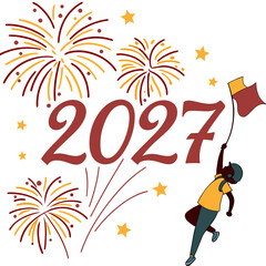 Happy new year 2027 with fireworks and a child holding a flag celebrating the upcoming year