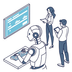 Humanoid robot collaborates with office workers on a digital screen and tablet in a modern office setting