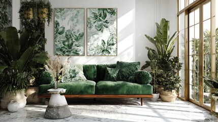 A sunlit interior showcases a lush, green velvet sofa paired with botanical artwork, creating a tranquil and inviting living space filled with vibrant plant life.