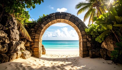 Fototapeta premium Stone archway frames a serene turquoise sea and white sand beach under a sunny sky. Lush greenery surrounds the arch, adding a tropical touch. The scene invokes a sense of escape and tranquility