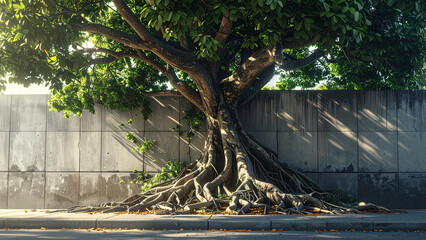 Hyper-realistic photo of ancient tree with sprawling roots breaking concrete sidewalk and wall