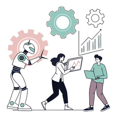 Robot and people collaborating on data analysis and technology development with gears and charts