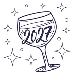 Stylized outline of a wine glass filled with the year 2027 surrounded by sparkling stars and circles