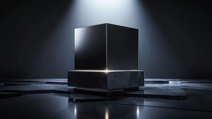 Enigmatic black box illuminated with dramatic glow on polished surface