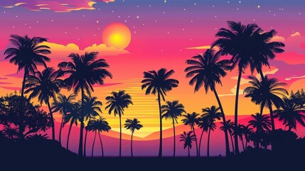 Tropical sunset with palm trees creating a serene and vibrant vista view