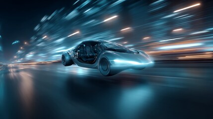Obraz premium Futuristic vehicle speeds through a neon lit city at night
