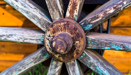 Old wagon wheel close-up, weathered wood