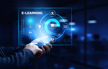 E-learning Online learning distance education concept. Businessman pressing button on screen.