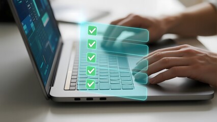 Hands typing on a laptop with a digital overlay of green checkmarks indicating successful processes or approvals.