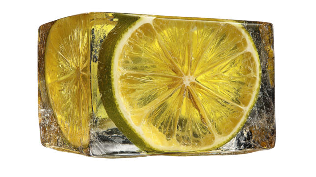 Frozen Lime and Lemon Slices in Ice Cube on Transparent Background