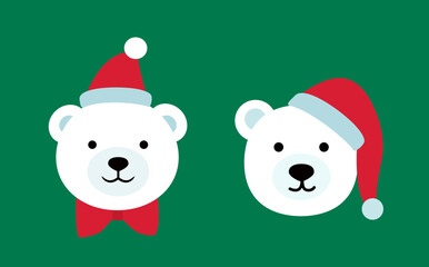 Set of cute christmas polar bear head icon element.
Holidays polar bear wearing a Santa hat flat vector illustration.
Good for greeting card, banner, flayer, leaflet, poster. 