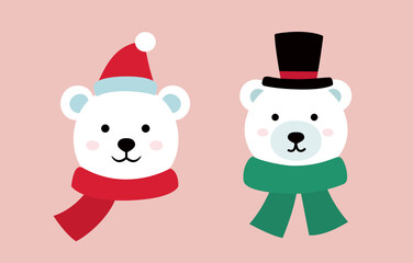 Set of cute christmas polar bear head icon element.
Holidays polar bear wearing a Santa hat flat vector illustration.
Good for greeting card, banner, flayer, leaflet, poster. 