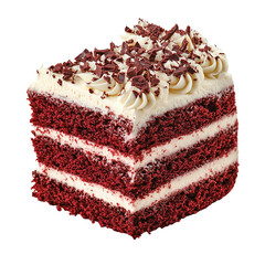 Red velvet cake slice with three moist layers, cream cheese frosting swirls, and chocolate shavings on top