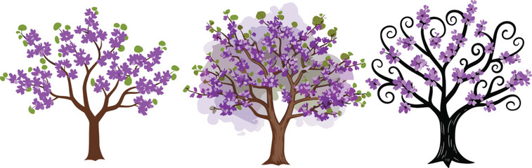 Purple blossom tree illustration, spring floral vector, cherry blossom art, blooming jacaranda tree design, seasonal nature graphic, decorative flowering tree