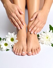 Fototapeta premium Woman's manicured hands and feet with flowers