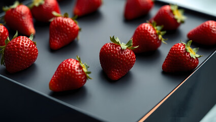 Fresh strawberries arranged on a dark tray, ready to enjoy. Each berry is vibrant and juicy, a treat for the eyes