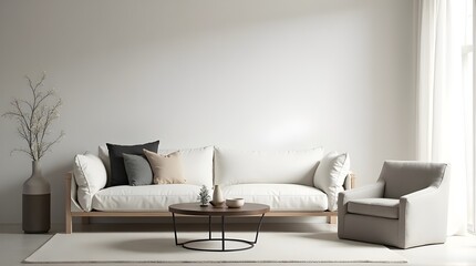 Modern minimalist living room interior design with neutral tones and elegant furniture