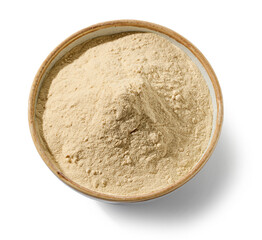 bowl of homemade protein with wooden spoon isolated on white background