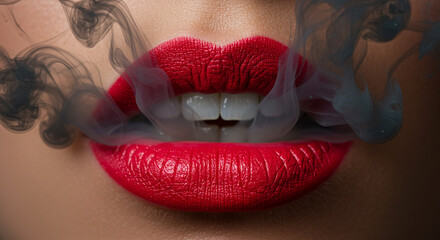 Crimson Lips Enshrouded in Smoke: A Sensual Close-Up with Dramatic Flair