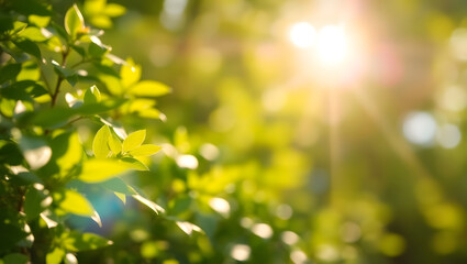 Sunlight filtering through vibrant green leaves, creating a sense of serenity and renewal