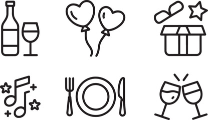Party Celebration Line Icons Set. Wine, Balloons, Gift Box, Music, Dinner, and Toasting Glasses Vector Illustration