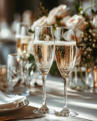 Two glasses of champagne on the table in a rustic style.