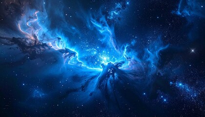 Cosmic nebula with glowing core and swirling blue clouds