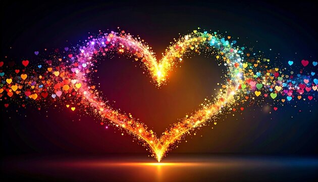 Glowing rainbow heart made of particles on dark background