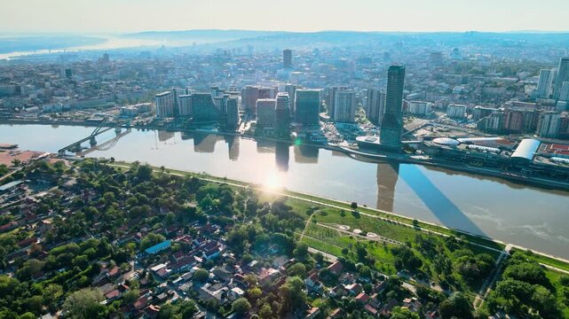 Aerial drone view of Belgrade Waterfront at sunrise morning, panoramic cityscape of Belgrade Serbia urban skyline