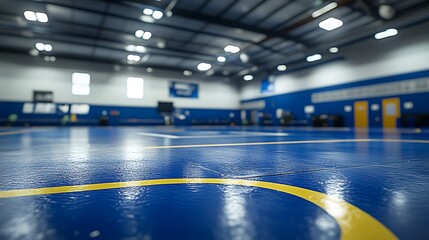 Empty Blue Gym Floor with Ready for Action.