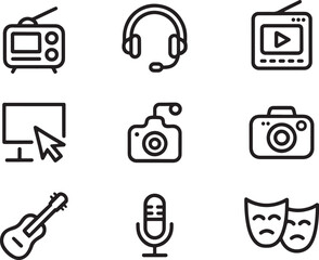 Media and Entertainment Line Icons Set. TV, Radio, Headphones, Camera, Guitar, Microphone, and Theater Masks Vector Illustration