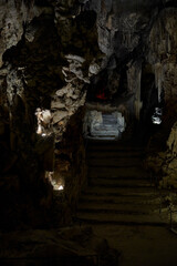 The Artá ​​Caves, overlooking a cliff and with an imposing entrance, are filled with stalactites and stalagmites. One of the stalagmites is 22 meters high. Located in Cap Vermell, Mallorca, Spain.
