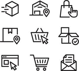 Online Shopping and Delivery Line Icons Set. Click and Collect, Cart, Package, Warehouse, and Order Tracking Vector Illustration