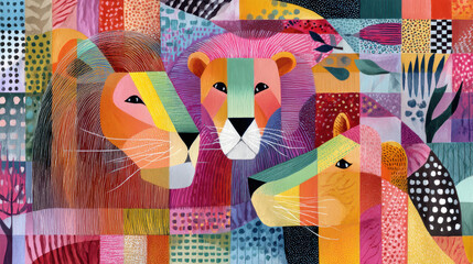 Naklejka premium Colorful artistic representation of three lions with abstract geometric patterns and vibrant colors in a vivid composed background
