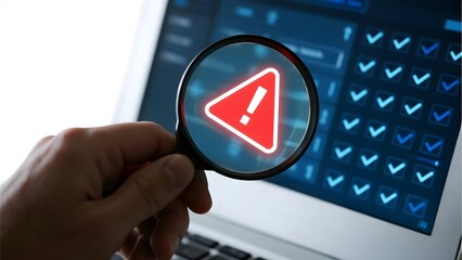 Hand holding magnifying glass over a computer screen displaying a warning symbol and checkmarks.