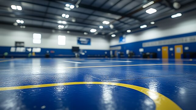 Empty Blue Gym Floor with Ready for Action.