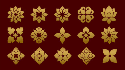 Golden Thai Flower Elements Set, Luxury Traditional Art Ornaments and Floral Symbols Vector Collection