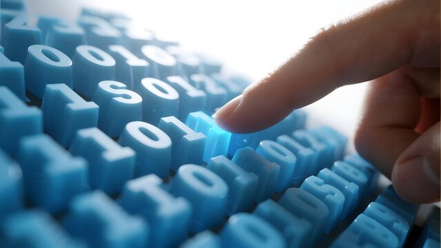 Finger pressing a binary code button on a blue keypad - Powered by Adobe