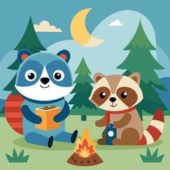 Fototapeta premium Cute vector illustration of a fun cartoon cat and dog set in a festive forest setting, perfect for holiday and birthday cards