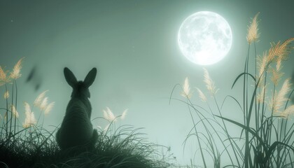 Enchanted moonlit valley featuring a radiant spirit animal illuminating the night landscape