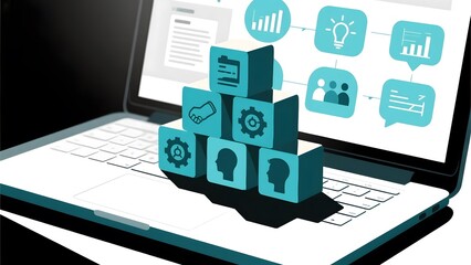 Laptop Displaying Stacked Cubes with Business Icons and Graphs