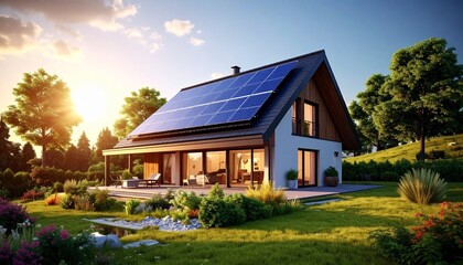 Eco-friendly house with solar panels in nature