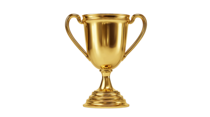 Golden trophy cup 3D render isolated on transparent background, ultra realistic shine