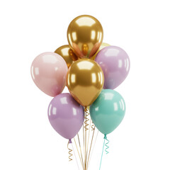 Premium pastel and metallic gold, silver, rose gold balloons, silk-ribboned, on seamless transparent studio background, high-angle luxury advertising concept