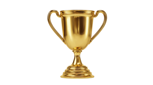 Golden trophy cup 3D render isolated on transparent background, ultra realistic shine