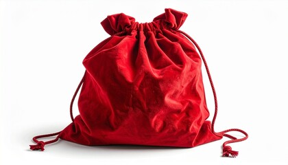 Red velvet drawstring pouch on white background