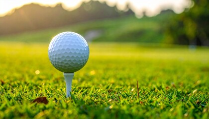 Golf ball on orange tee at sunrise
