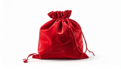 Red velvet drawstring pouch on white background